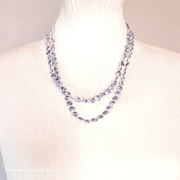 Lightweight Floral Opera Necklace Cobalt Blue And White Painted Lucite Beads - Picture 2 of 7